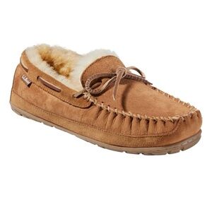 L.L.Bean Shearling Brown lined leather warm moccasin/slippers in tan.Size 13W